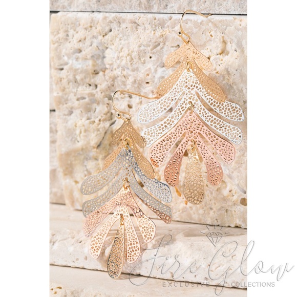 Multi tone Gold, Silver, Rose Gold Leaf Earrings - Picture 2 of 7